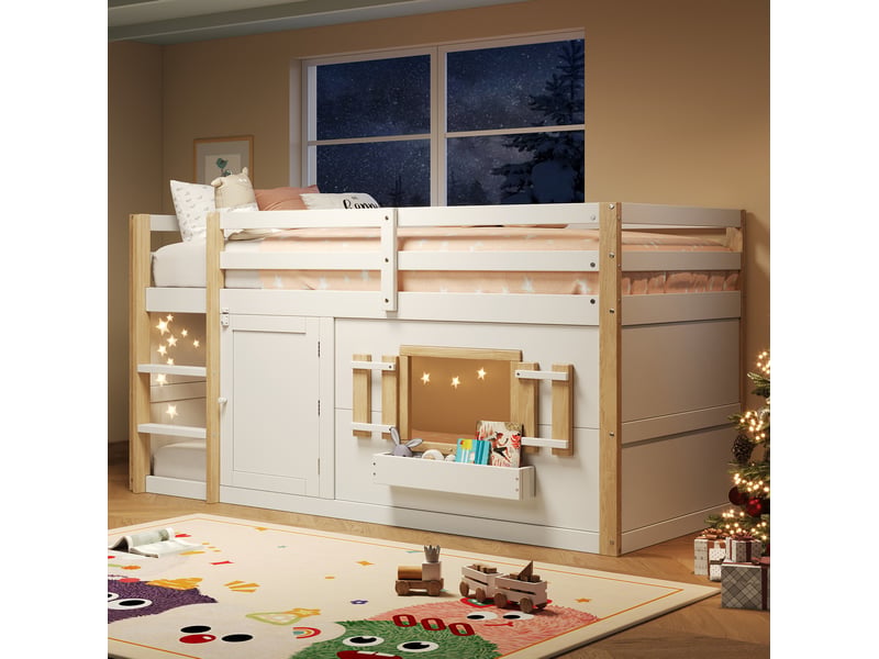  Lit enfant en mezzanine, 90x200 cm, échelle, couchage en hauteur, pour chambre, matelas non inclus, bois, coloris blanc  - Conforama E