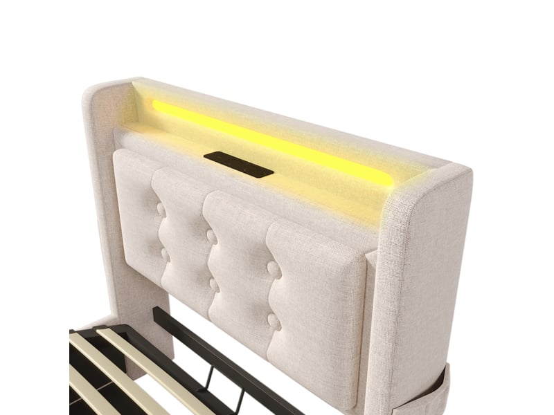  Lit simple 90x200 cm,avec hydraulique,tête capitonnée avec rangement, led, usb et usb-c, coton et lin,beige  - Conforama E