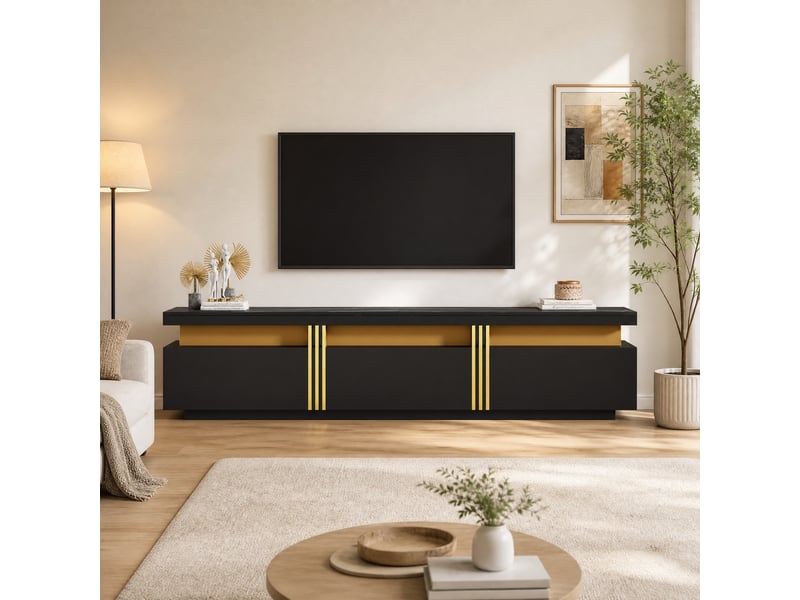  Meuble tv modenvie 200 x 40 x 42 cm avec 3 tiroirs, passe-câble et plateau effet marbre noir  - Conforama B