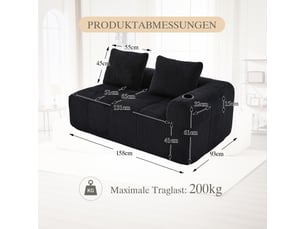 Canapé droit fixe <strong></strong> <strong></strong> 2 places Velours côtelé noir