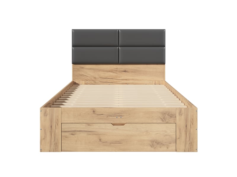  Lit enfant 140x200 cm en bois avec rangement, tiroirs et port usb, tête de lit rembourrée en pu, grand espace de rangement, sans matelas, couleur naturel  - Conforama A