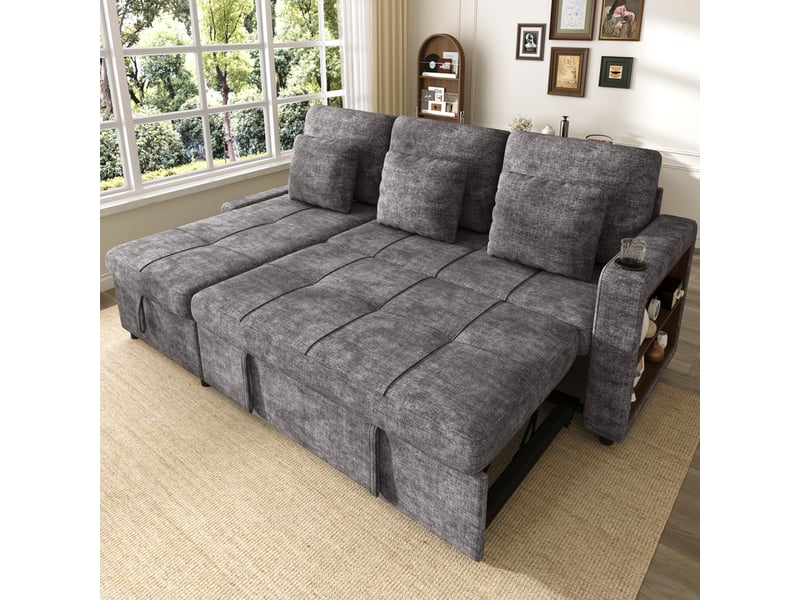  Canapé d'angle convertible ,3 places, en chenille avec lits,201,3 x 126,1 x 86,1 cm,gris  - Conforama D