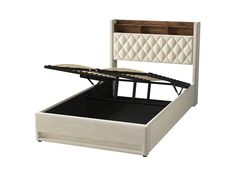  Lit double 140x190 cm avec rangement, led et usb beige homvra  - Conforama A
