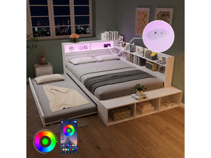 Lit combiné 120 x 200 cm en bois avec lit gigogne 90 x 190 cm, rangements, led, port de charge et banquette, blanc evarich - Conforama D