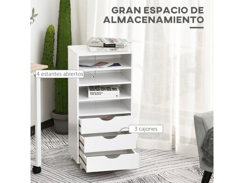  Caisson de bureau à 3 tiroirs et 4 étagères ouvertes, monté sur roulettes, 38 x 40 x 86,8 cm, blanc  - Conforama E