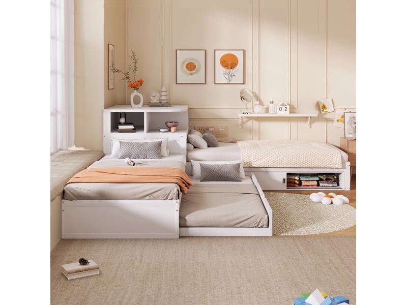  Lit gigogne 90 × 200 cm 1 place avec rangement à portes coulissantes et éclairage led, sans matelas, blanc  - Conforama C