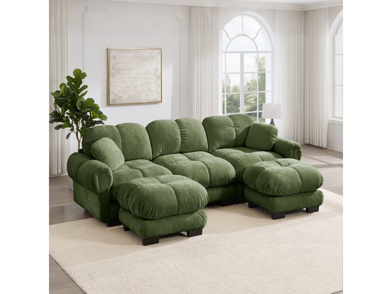 Canapé modulable 3 places 260 cm canapé droit en tissu chenille avec 2 pouf mobile, design matelassé, coussins épais, dossier ergonomique, vert Seren Glow - Conforama B