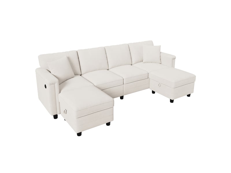 Canapé modulable modenvie 4 places configurable en l ou u avec 2 poufs de rangement, revêtement chenille beige, usb et type-c, 261 x 134 x 82 cm - Conforama A