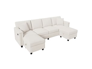 Canapé modulable modenvie 4 places configurable en l ou u avec 2 poufs de rangement, revêtement chenille beige, usb et type-c, 261 x 134 x 82 cm