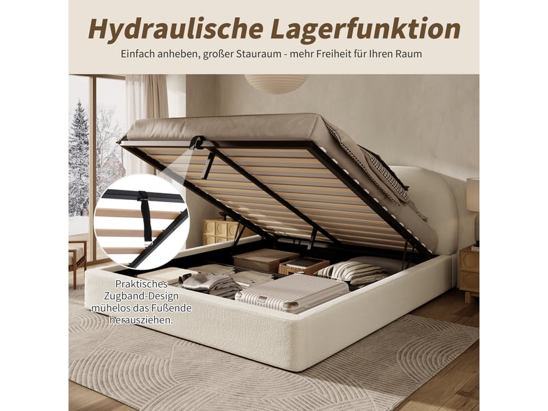  Lit coffre double 180×200 cm rangement hydraulique - matelas inclus, bouclé beige, tête de lit rembourrée  - Conforama C