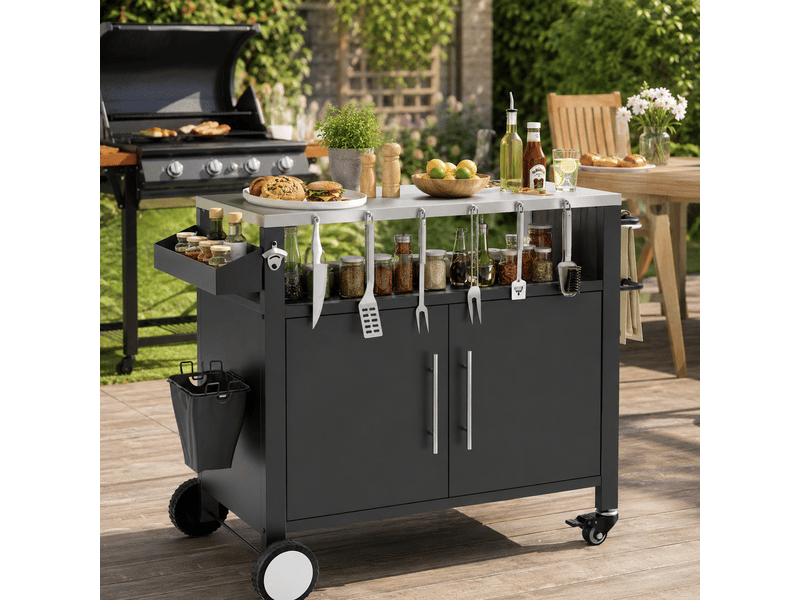 Grillwagen roulant avec crochets et étagère à épices pour barbecue extérieur noir - Conforama B