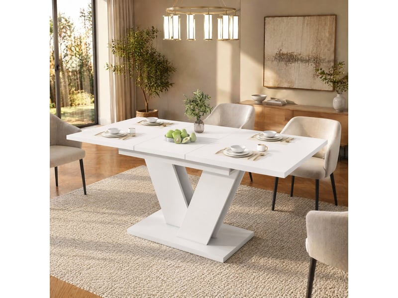 Table à manger extensible 120-160 x 80 cm, 4 à 8 places, mdf blanc, pieds en v - Conforama B