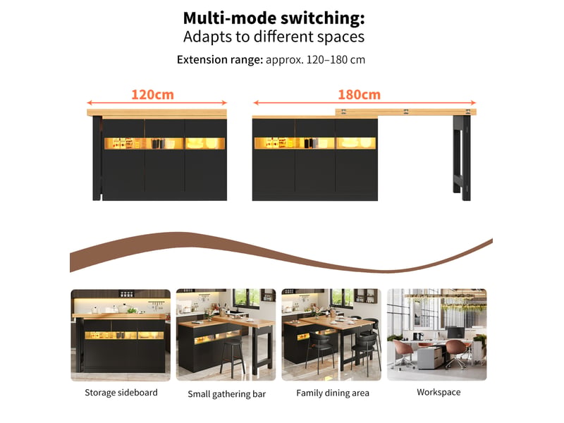  Table de bar extensible 120-180 cm avec éclairage led, mdf, noir et naturel  - Conforama E