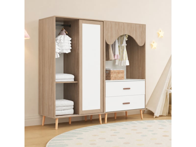  Armoire combinée enfant blanc bois naturel 160 x 46 x 141.5 cm portes coulissantes tiroirs penderie  - Conforama B