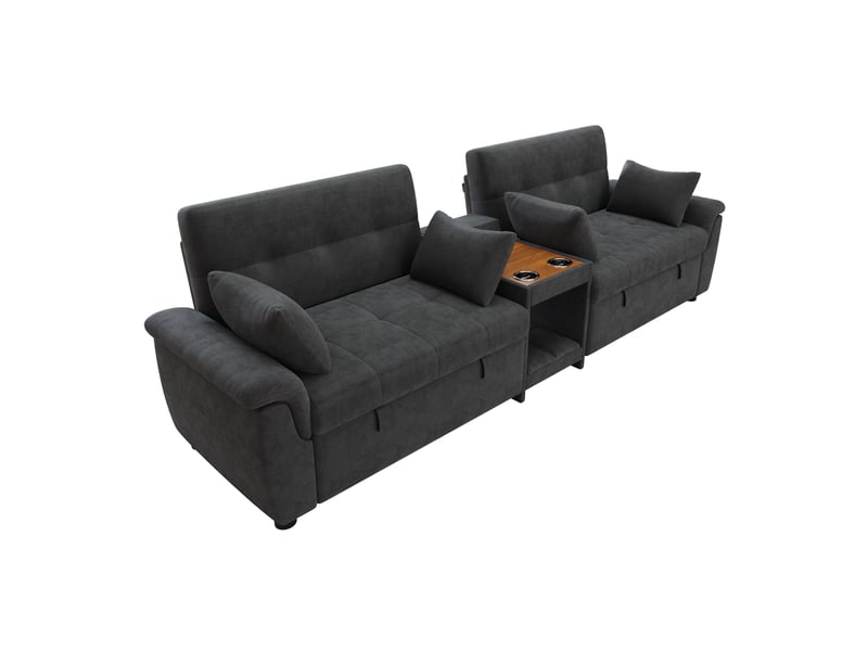  Canapé panoramique en u 4 places convertible avec double couchage, dossier réglable et porte-gobelets en chenille gris foncé  - Conforama A
