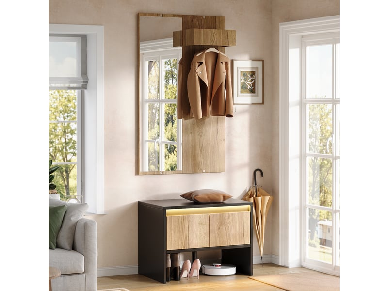  Ensemble vestiaire naturel, panneau de particules, 60 × 38 × 145 cm, 2 tiroirs et crochets intégrés, pour entrée et couloir  - Conforama D