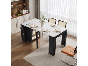 Îlot de cuisine, desserte extensible avec plateau amovible, led, prise et rangement, effet marbre, mdf et verre, noir et blanc