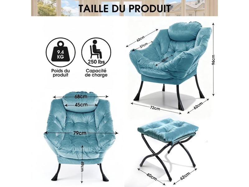  Fauteuil relax avec pouf, accoudoirs, poche latérale et repose-pieds, fauteuil lounge tv en tissu pour salon, chambre et bureau  - Conforama C