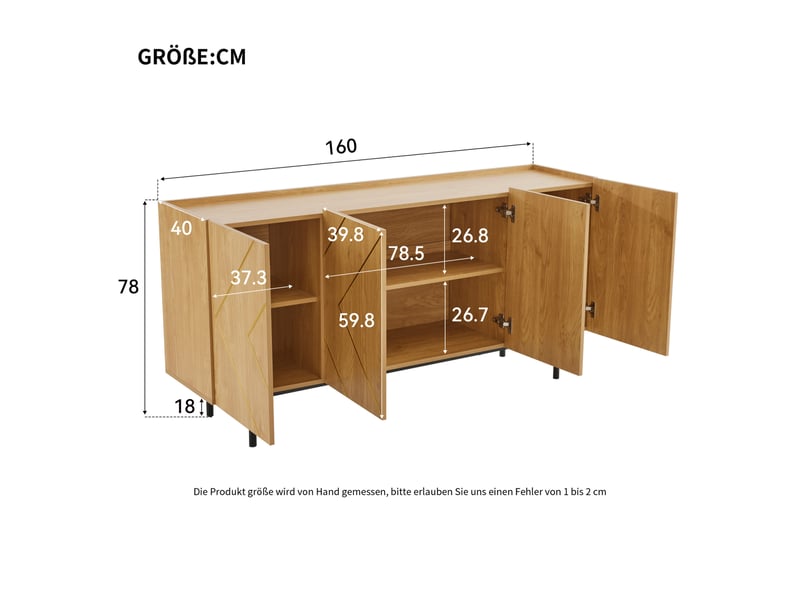  Buffet 4 portes avec décorations métalliques, panneau de particules, naturel – 160 x 40 x 78 cm  - Conforama E