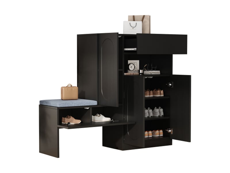  Meuble à chaussures avec portes, 1 tiroir, étagère réglables et banquette rembourrée, noir  - Conforama A