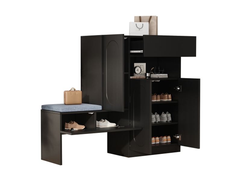  Meuble à chaussures avec portes, 1 tiroir, étagère réglables et banquette rembourrée, noir  - Conforama A