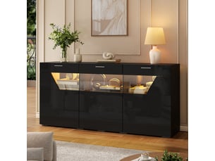 Buffet vitrine, 3 portes vitrées, grand rangement fermé, led pilotée par appli et façades brillantes pour salon, panneaux de particules,noir