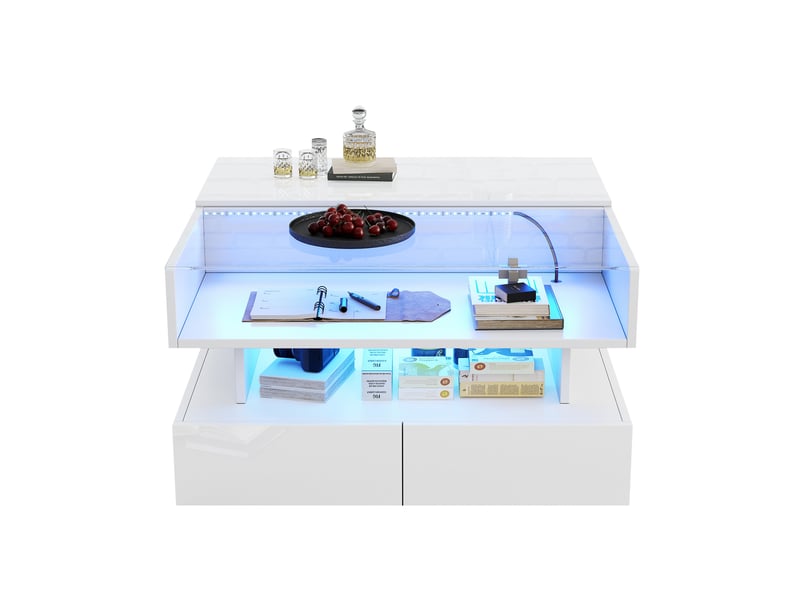  Table basse 80x80x45 cm relevable hydraulique à led, 2 tiroirs, en aggloméré blanc  - Conforama A