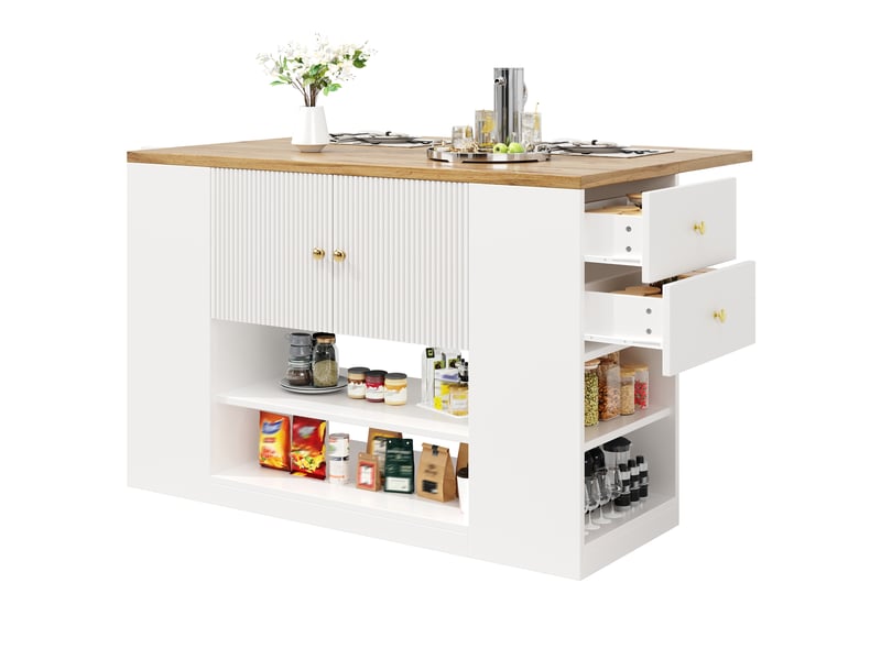  Îlot de cuisine blanc moderne avec table rabattable, meuble de rangement multifonction avec tiroirs et étagères, 140x70x90cm  - Conforama A