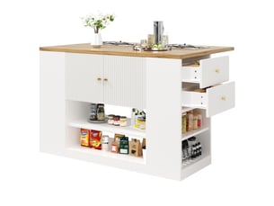Îlot de cuisine blanc moderne avec table rabattable, meuble de rangement multifonction avec tiroirs et étagères, 140x70x90cm