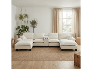 Canapé panoramique en u avec usb, rangement et porte-gobelets - ottomane modulable chenille beige 362 × 151 × 90 cm