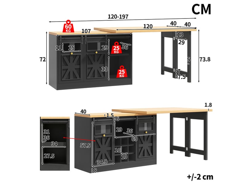 Îlot de cuisine 120cm, table de bar, avec plateau rotatif 360°, led variable, casier à bouteilles, design moderne, noir - Conforama C