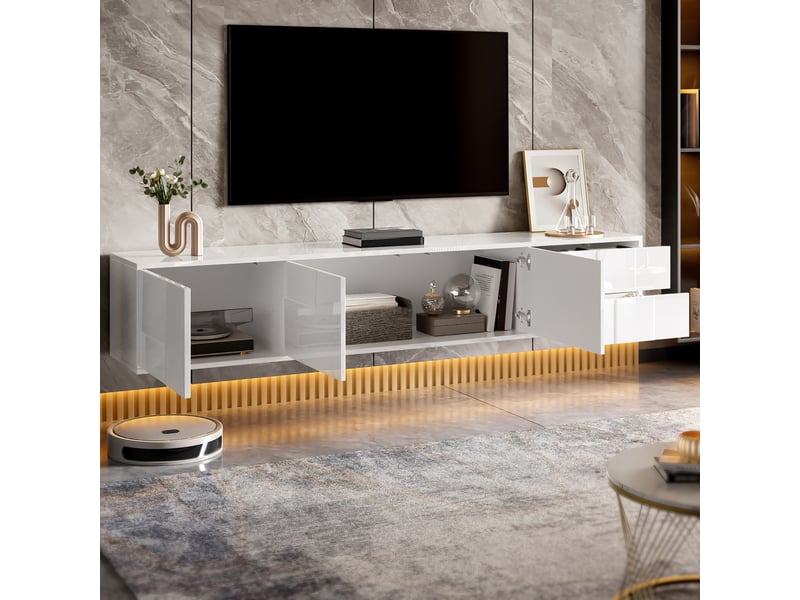  Meuble tv 170 x 30 x 30,5 cm, à poser ou suspendre, 3 portes et 2 tiroirs, façades sans poignées, blanc brillant, en mdf, rangement pour salon CARDUME ESTIVAL - Conforama E