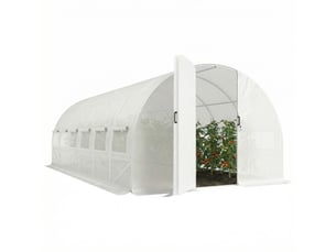 Serre tunnel 6 x 3 x 2 m avec porte à charnières, 12 fenêtres grillagées et structure en acier galvanisé blanc
