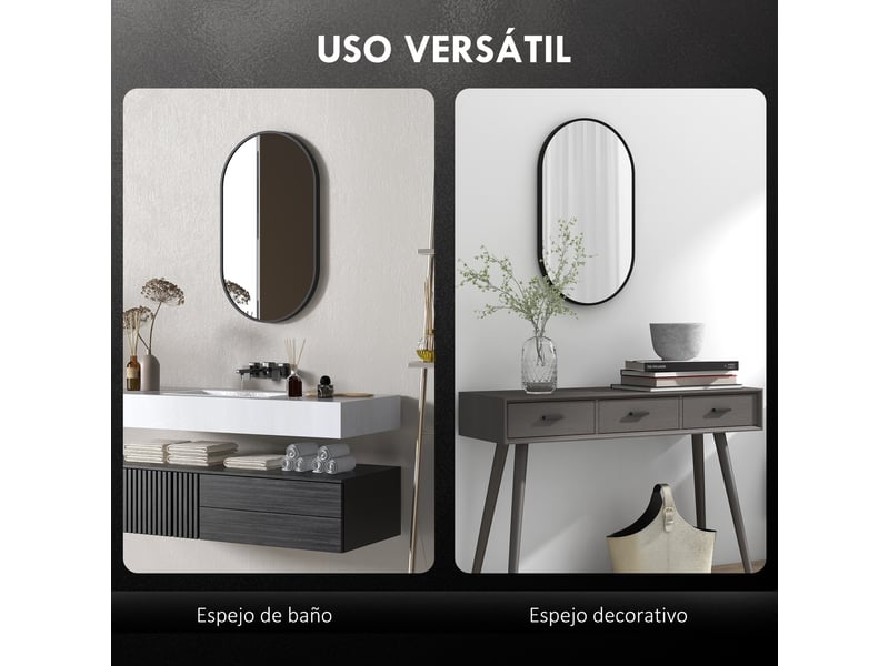  Miroir de salle de bain ovale 40 x 70 cm, miroir mural décoratif avec cadre en aluminium pour salon, installation horizontale ou verticale, noir  - Conforama E