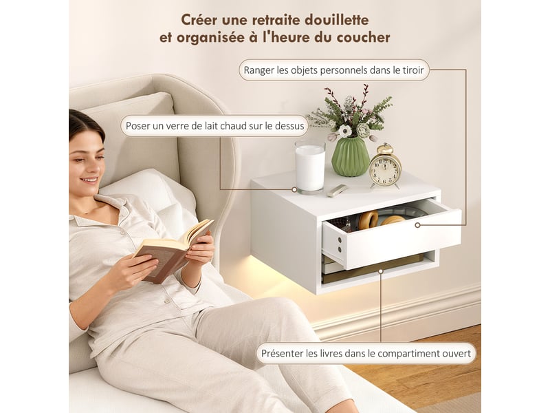  Lot de 2 tables de chevet suspendues avec éclairage led rgb contrôle par application, étagère, tiroir, blanc, 37x32x21cm  - Conforama E