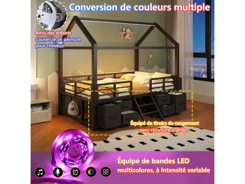  Lit mezzanine enfant 90 x 200 cm avec toit cabane, structure en métal noir et éclairage led, sans matelas  - Conforama E