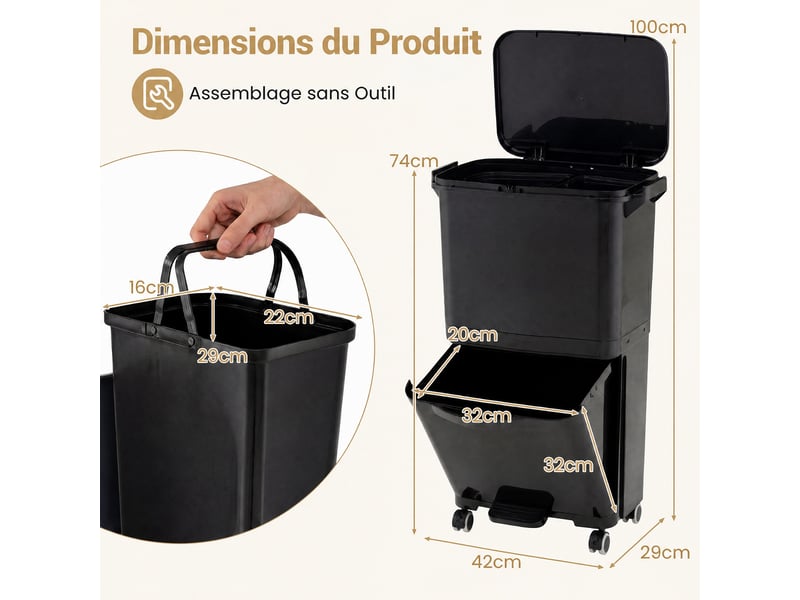  Poubelle de cuisine à 3 compartiments, système de tri des déchets 36l avec 4  - Conforama C