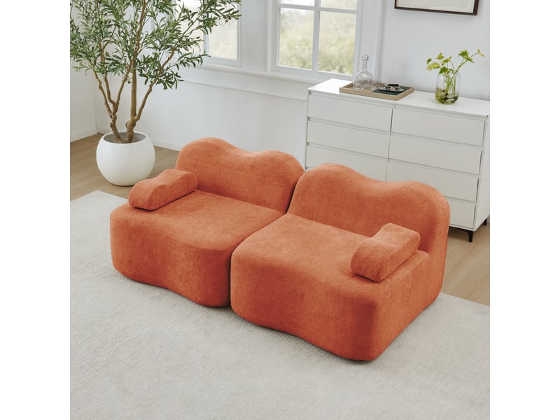  Canapé modulaire 2 places en forme ondulée avec assise profonde et coussin d'accoudoir, en velours orange  - Conforama C
