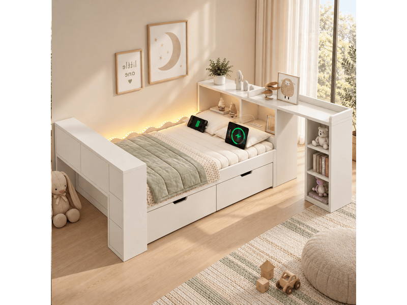  Lit simple 90x200 cm avec 2 tiroirs, led, station de charge, bureau coulissant et tête de lit flexible, blanc  - Conforama B