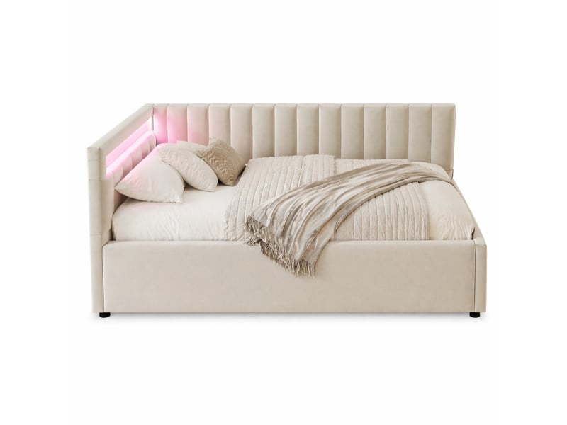  Lit coffre 90x200 cm en velours beige avec led et sommier à lattes  - Conforama A