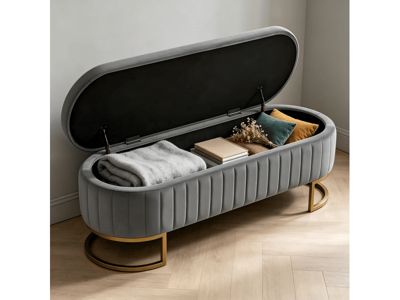  Banc coffre tcqpz en velours 129,5 x 42 x 46 cm rangement intérieur gris clair pieds en métal doré  - Conforama E