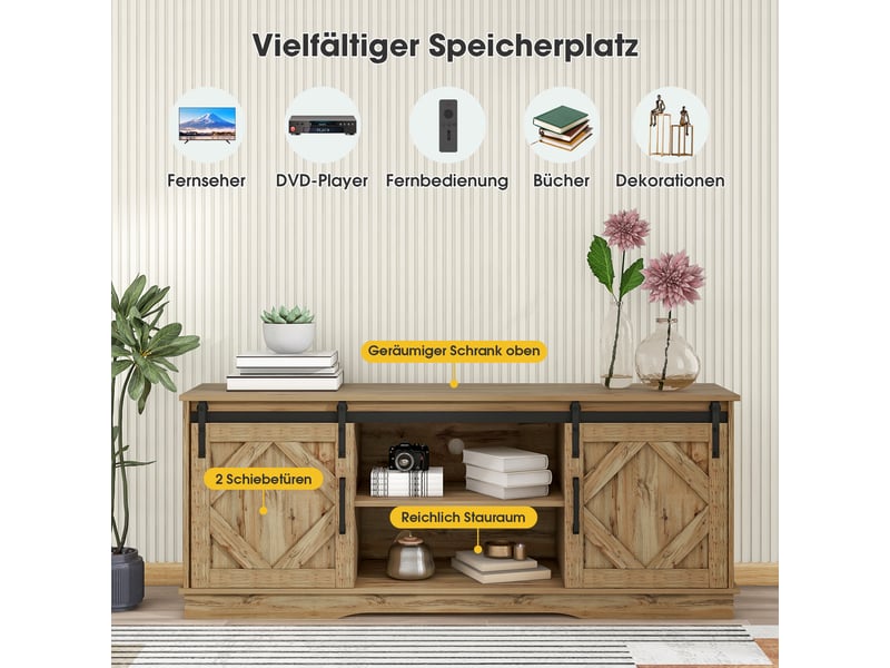  Meuble tv 150 cm marron rustique avec portes coulissantes, rangements ouverts et fermés, pour téléviseur jusqu'à 65 pouces  - Conforama W