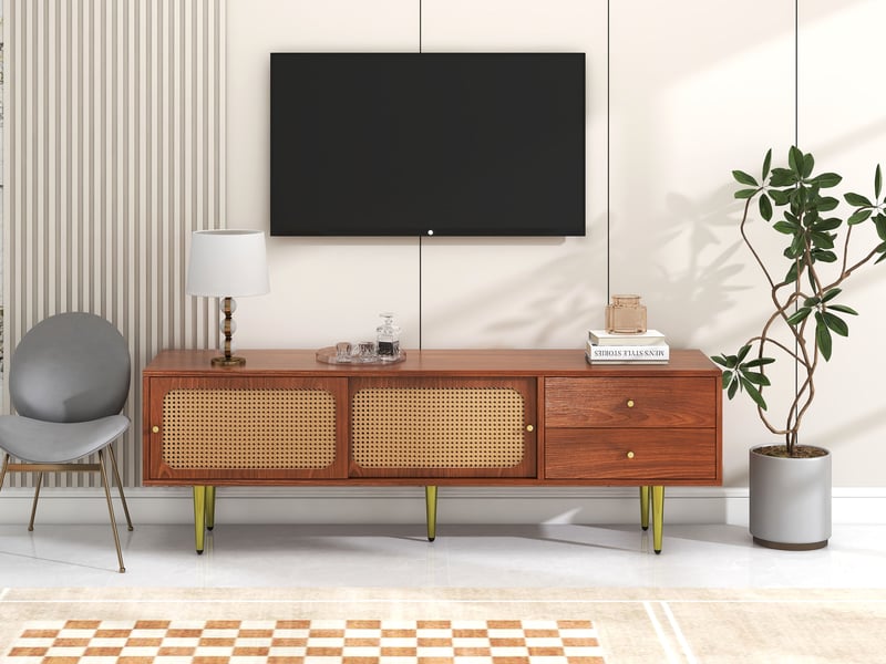  Meuble tv noyer 160 cm avec portes coulissantes en rotin pe et 2 tiroirs, support tv jusqu'à 70 pouces  - Conforama W