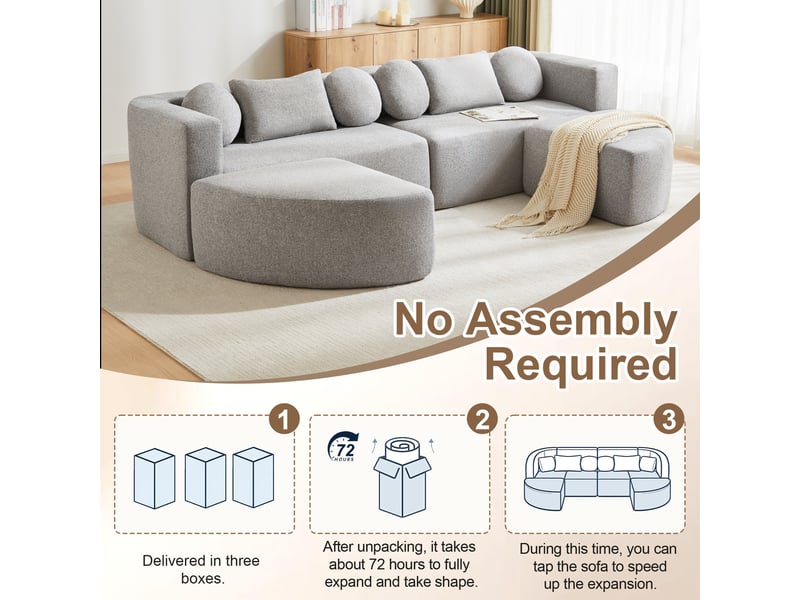 Canapé d'angle modulable en tissu chenille gris, canapé nuage sans montage avec fonction lit intégrée pour salon et chambre, 292x165x68 cm - Conforama D
