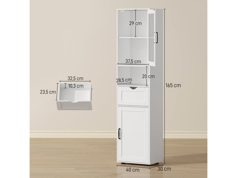  Colonne de salle de bain étroite avec porte vitrée, étagères réglables, tiroir et compartiment ouvert, 40 x 30 x 165 cm, blanche  - Conforama E