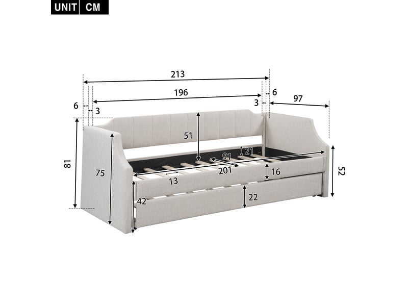  Banquette lit capitonnée en lin beige avec lit gigogne 90x200 sur roulettes, structure en bois massif  - Conforama C