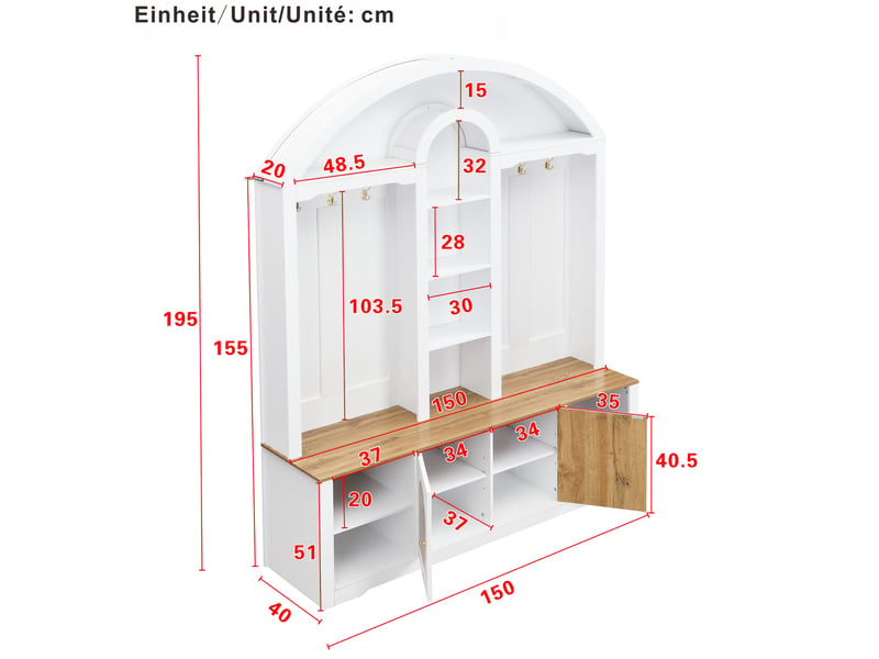  Vestiaire d'entrée avec étagères, portes et crochets mdf blanc 150 x 40 x 195 cm GL9734W - Conforama C