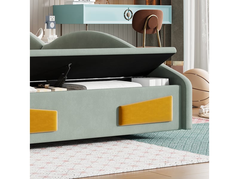  Lit voiture enfant 90 x 200 cm vert en velours, tête de lit avec liseuse et prise, coffre au pied et décor de roues  - Conforama E