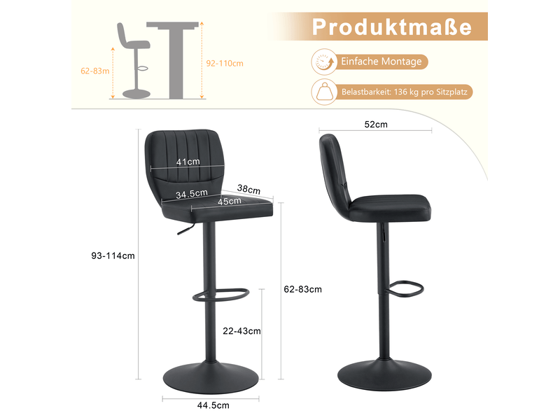  Tabouret de bar pivotant réglable avec dossier et repose-pieds, en similicuir noir  - Conforama D