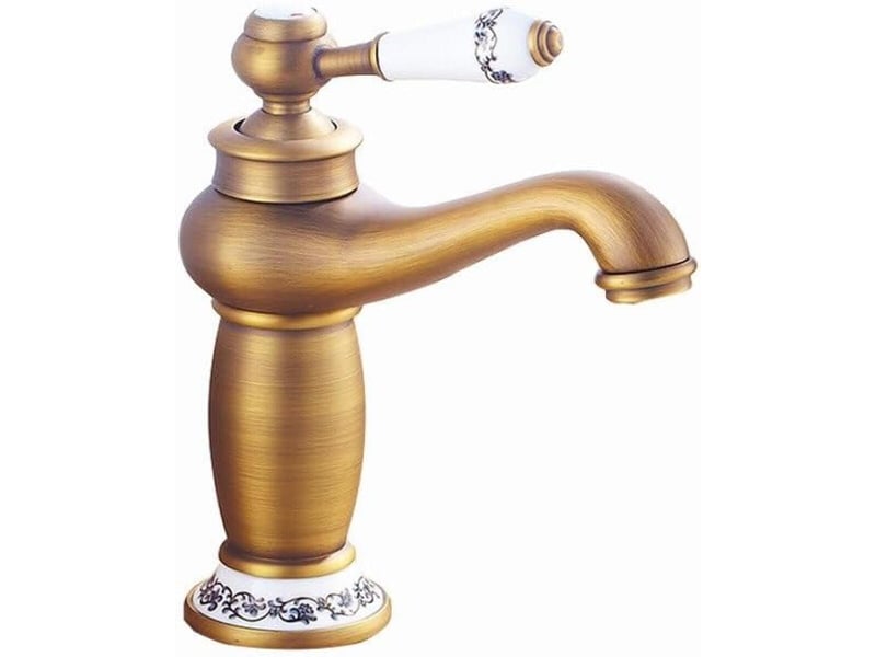  Robinet mitigeur de lavabo rétro en laiton brossé – poignée en céramique florale – eau chaude et froide – installation facile XLH-ZLS-017474MXR - Conforama E